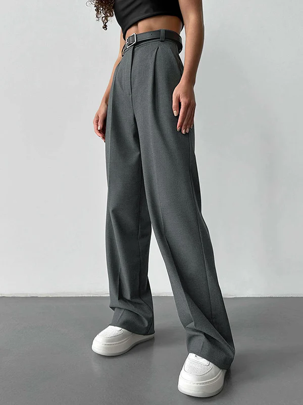 High Waisted Loose No Belt Solid Color Suit Pants Trousers - Image 5