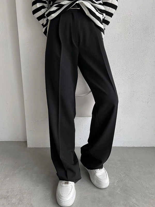 High Waisted Loose No Belt Solid Color Suit Pants Trousers - Image 7