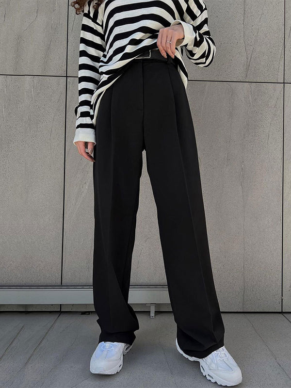 High Waisted Loose No Belt Solid Color Suit Pants Trousers - Image 9