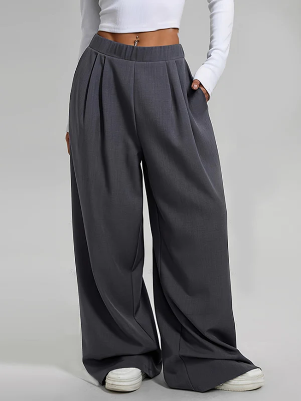 High Waisted Loose Pleated Pockets Solid Color Pants Trousers