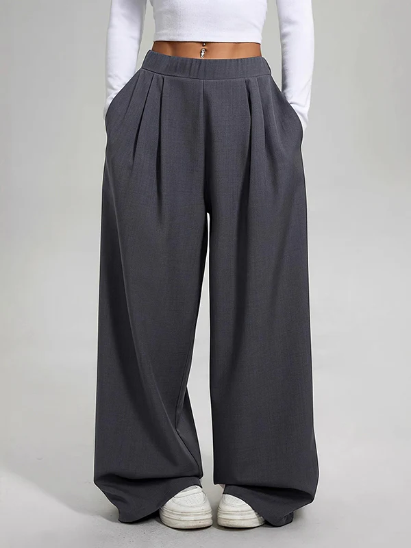 High Waisted Loose Pleated Pockets Solid Color Pants Trousers - Image 2