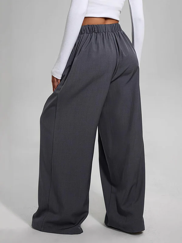 High Waisted Loose Pleated Pockets Solid Color Pants Trousers - Image 3