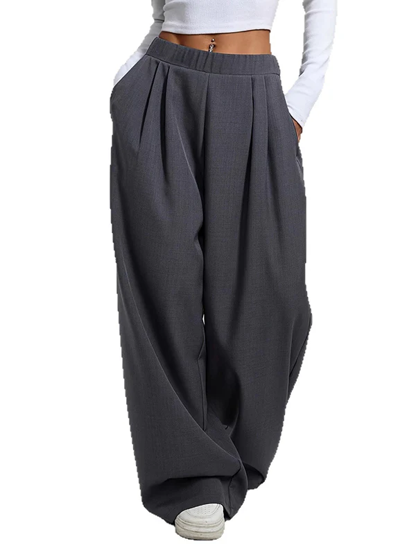High Waisted Loose Pleated Pockets Solid Color Pants Trousers - Image 4