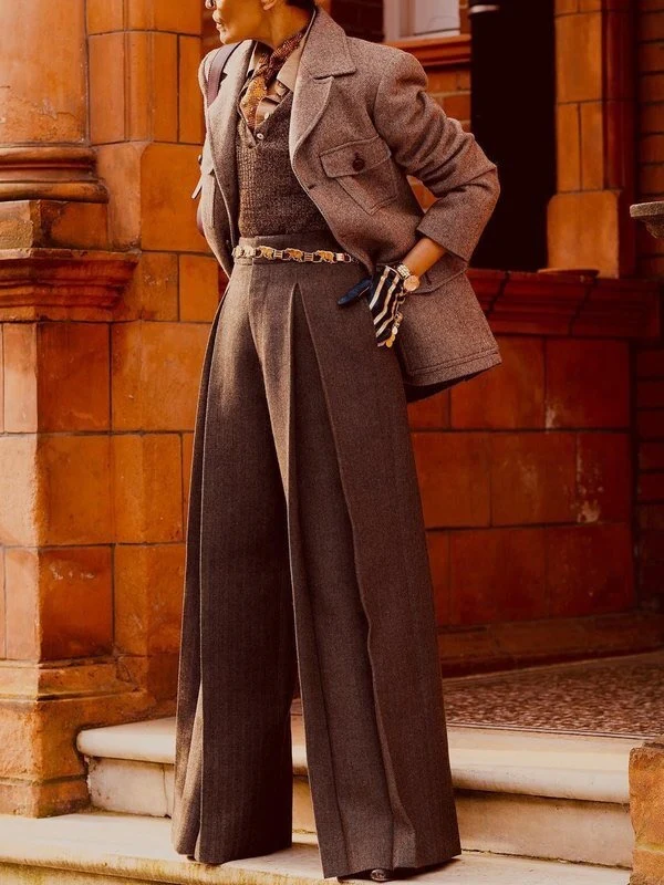 High Waisted Loose Pleated Pockets Solid Color Pants Trousers - Image 2
