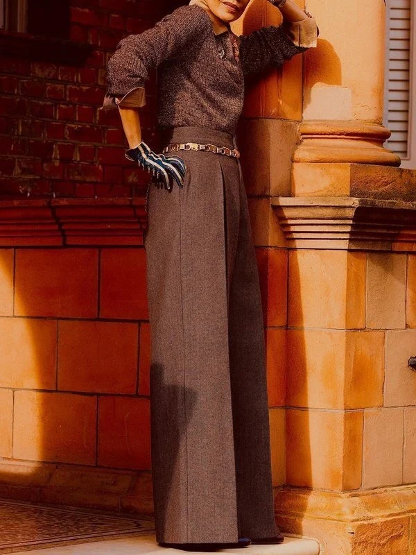 High Waisted Loose Pleated Pockets Solid Color Pants Trousers - Image 3