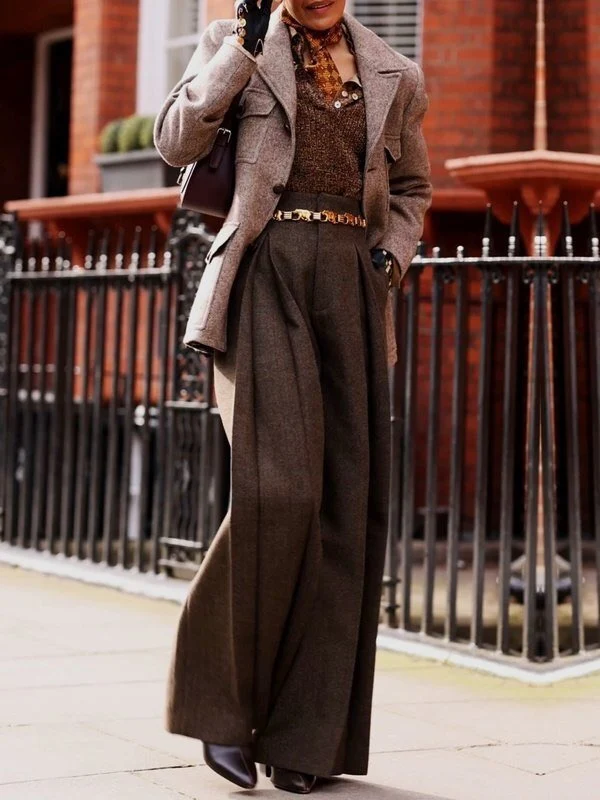 High Waisted Loose Pleated Pockets Solid Color Pants Trousers - Image 4