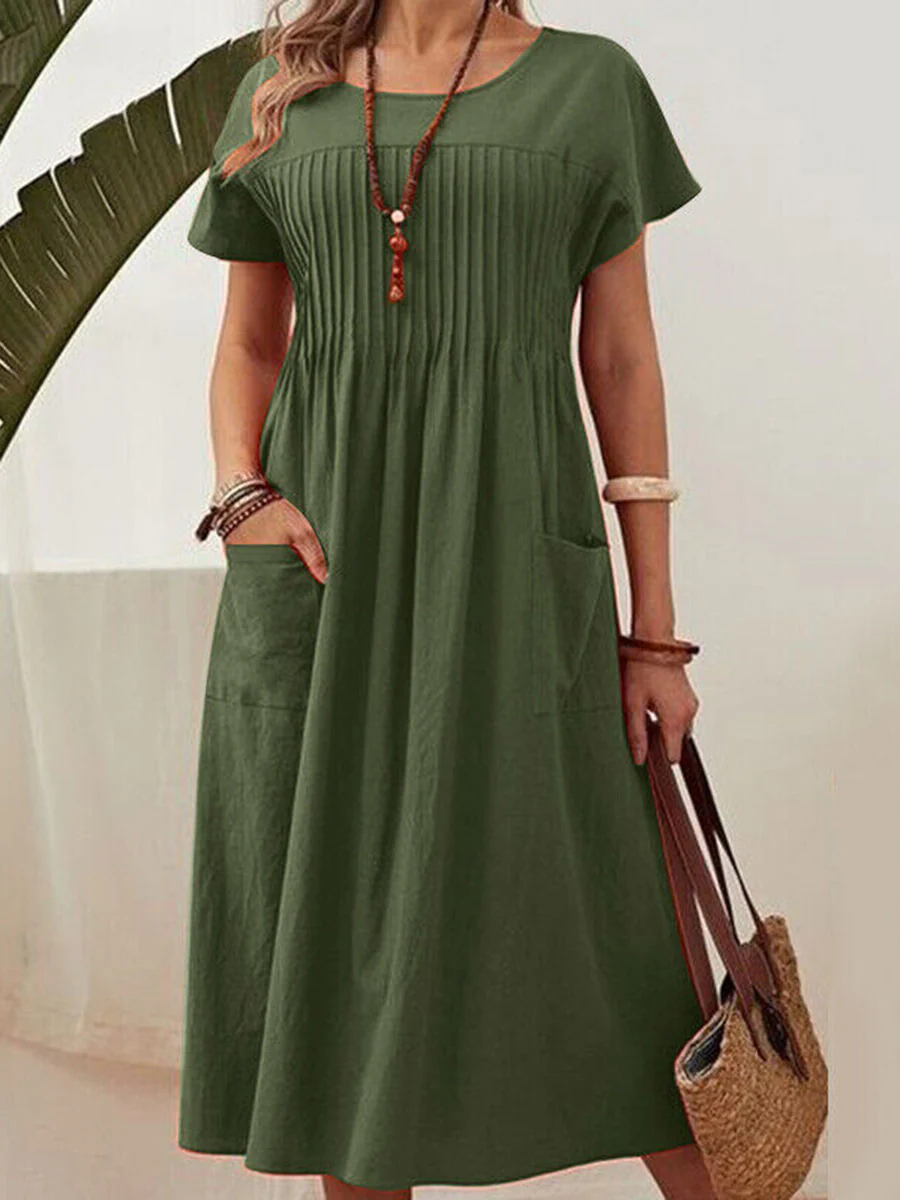 High Waisted Loose Pleated Pockets Solid Color Split-Joint Round-Neck Midi Dresses - Image 2