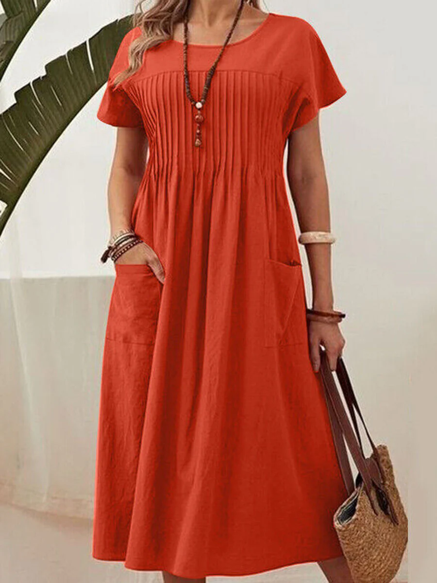High Waisted Loose Pleated Pockets Solid Color Split-Joint Round-Neck Midi Dresses - Image 3