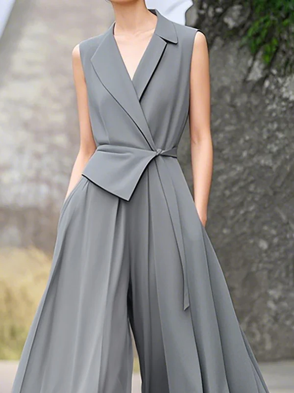 High Waisted Loose Pleated Pockets Solid Color Tied Notched Collar Jumpsuits - Image 2
