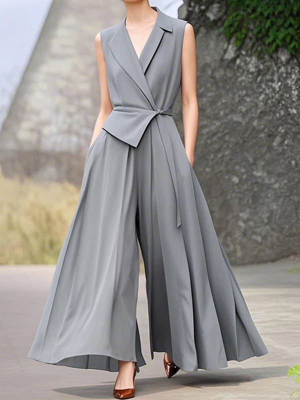 High Waisted Loose Pleated Pockets Solid Color Tied Notched Collar Jumpsuits - Image 3