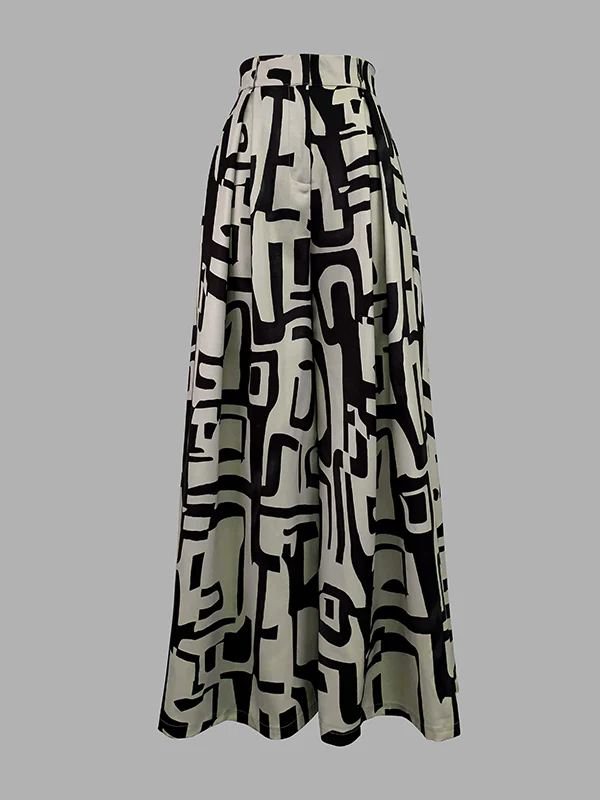 High Waisted Loose Pleated Printed Split-Joint Pants Trousers - Image 4
