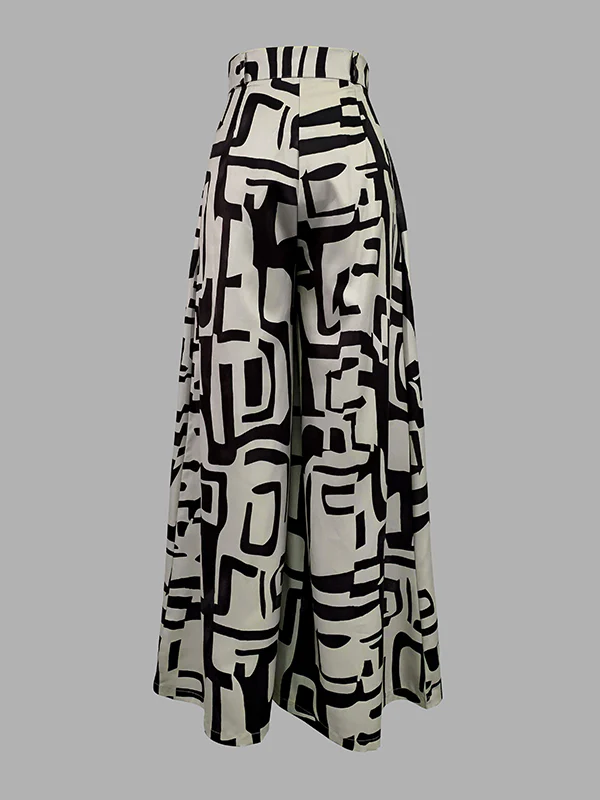 High Waisted Loose Pleated Printed Split-Joint Pants Trousers - Image 5
