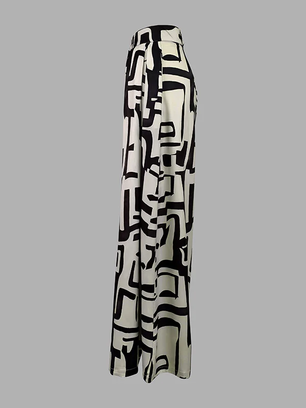 High Waisted Loose Pleated Printed Split-Joint Pants Trousers - Image 6