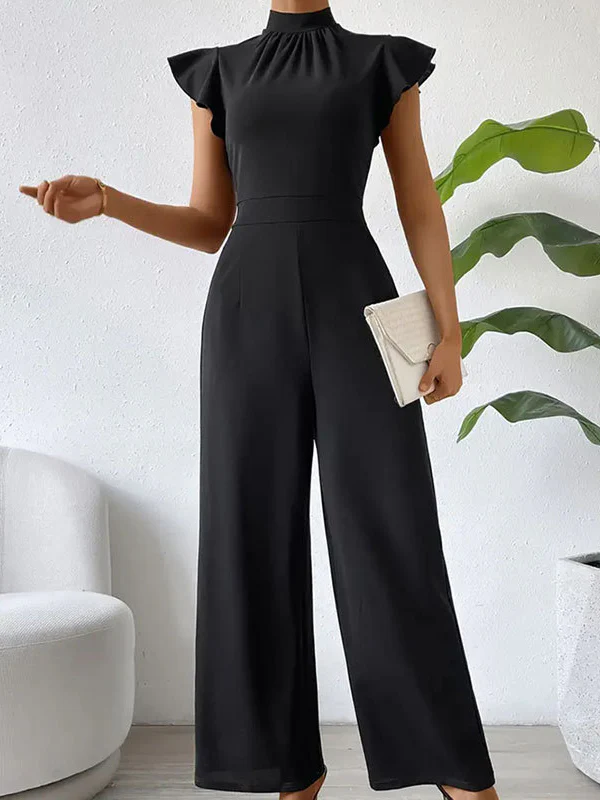 High Waisted Loose Pleated Ruffled Solid Color Mock Neck Jumpsuits - Image 2