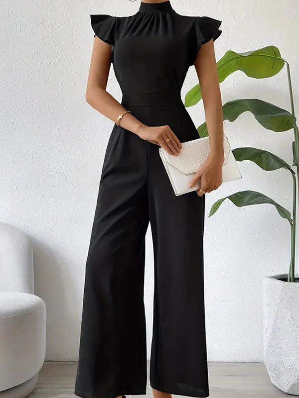 High Waisted Loose Pleated Ruffled Solid Color Mock Neck Jumpsuits - Image 3