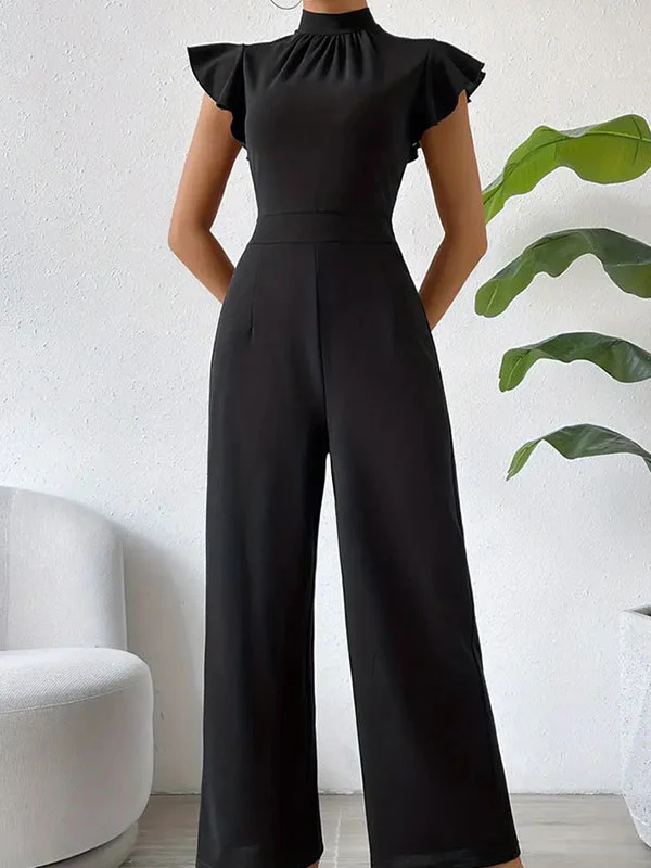 High Waisted Loose Pleated Ruffled Solid Color Mock Neck Jumpsuits - Image 4