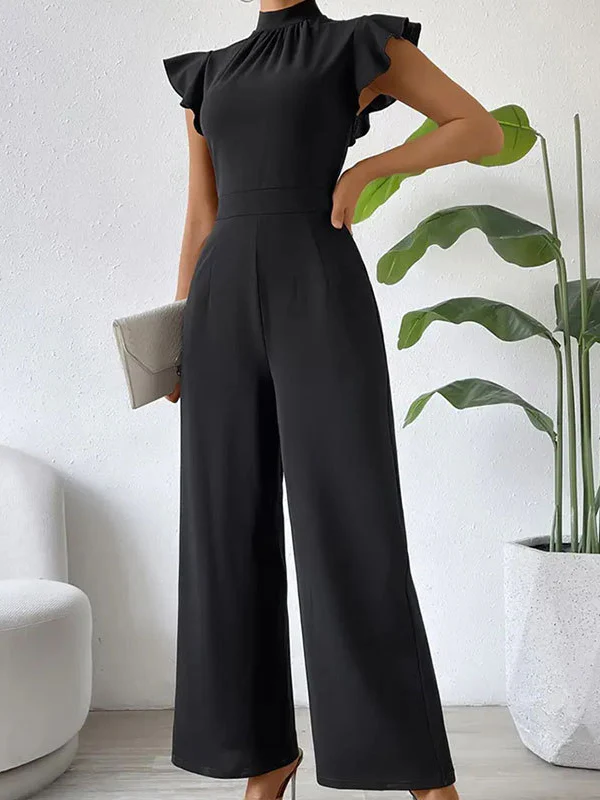 High Waisted Loose Pleated Ruffled Solid Color Mock Neck Jumpsuits - Image 5