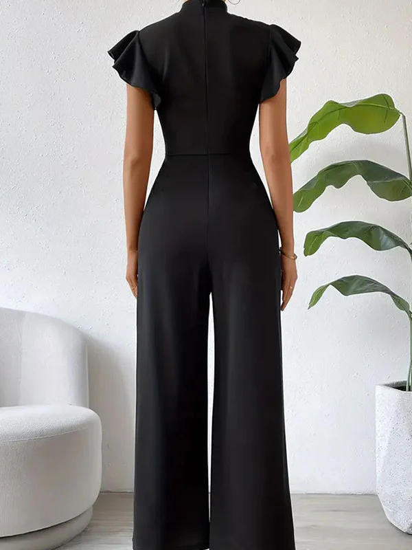 High Waisted Loose Pleated Ruffled Solid Color Mock Neck Jumpsuits - Image 6