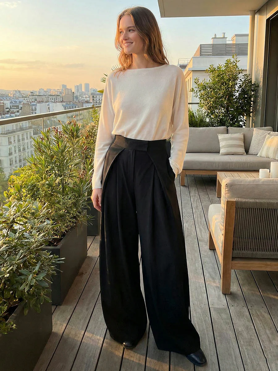 High Waisted Loose Pleated Solid Color Pants - Image 3