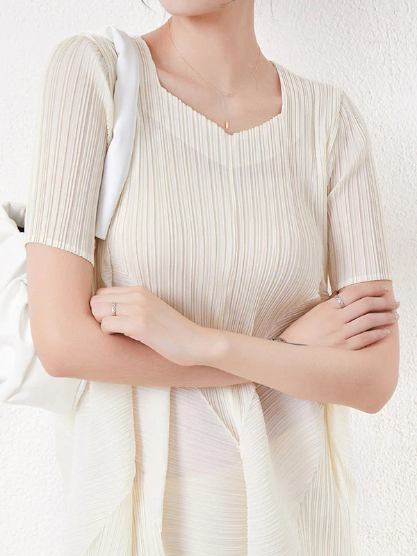 High Waisted Loose Pleated Solid Color Round-Neck Midi Dresses - Image 13