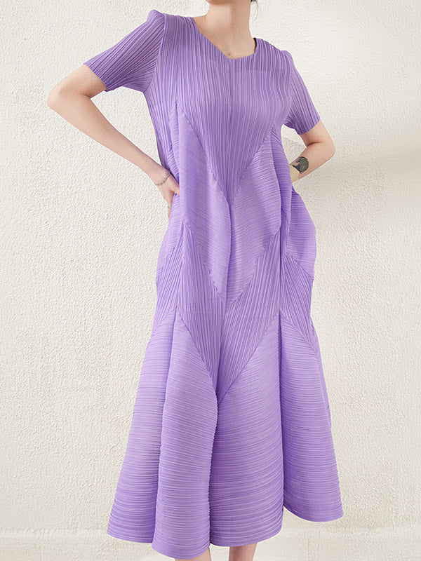 High Waisted Loose Pleated Solid Color Round-Neck Midi Dresses - Image 9