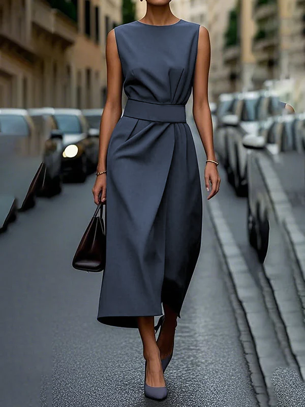 High Waisted Loose Pleated Solid Color Round-Neck Midi Dresses - Image 3
