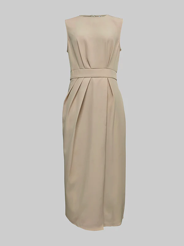 High Waisted Loose Pleated Solid Color Round-Neck Midi Dresses - Image 5
