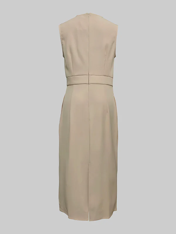 High Waisted Loose Pleated Solid Color Round-Neck Midi Dresses - Image 6