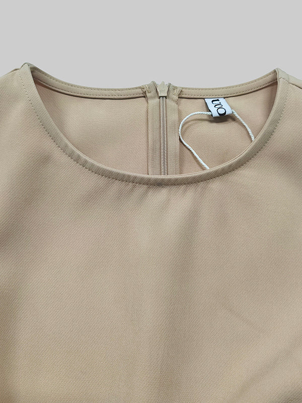 High Waisted Loose Pleated Solid Color Round-Neck Midi Dresses - Image 8