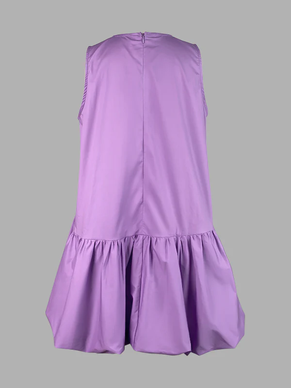 High Waisted Loose Pleated Solid Color Round-Neck Mini Dresses - Image 10