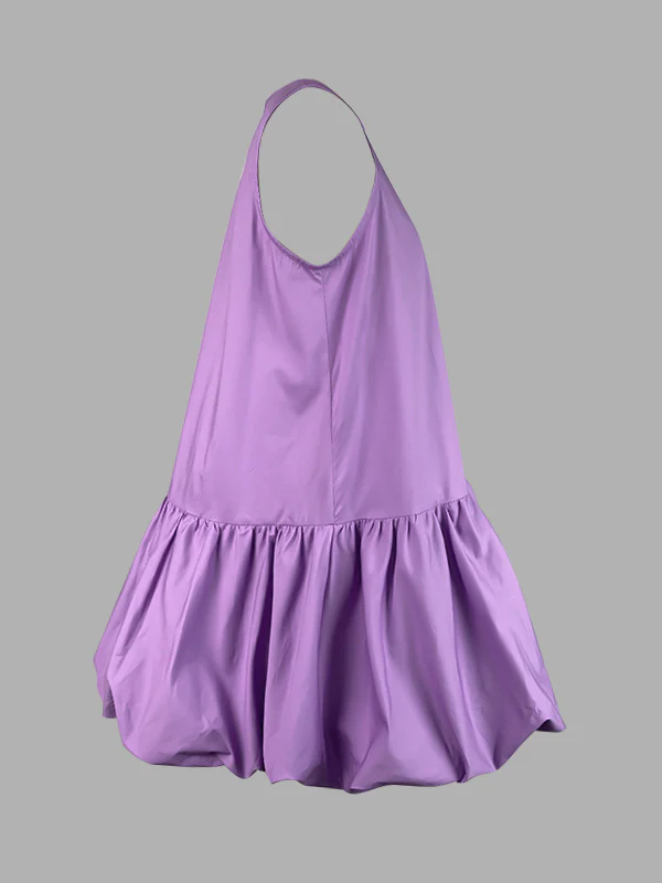 High Waisted Loose Pleated Solid Color Round-Neck Mini Dresses - Image 11