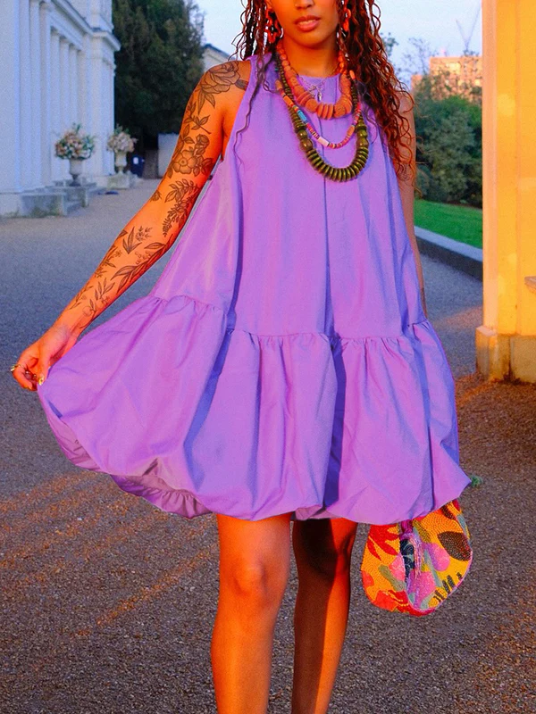High Waisted Loose Pleated Solid Color Round-Neck Mini Dresses - Image 3