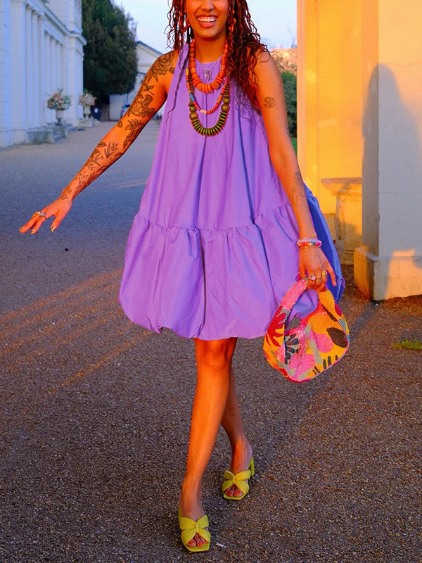 High Waisted Loose Pleated Solid Color Round-Neck Mini Dresses - Image 5