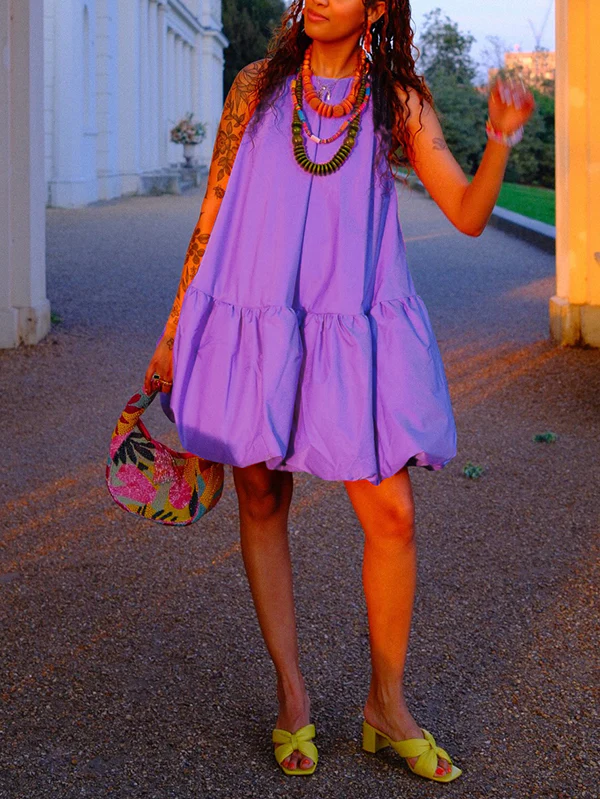 High Waisted Loose Pleated Solid Color Round-Neck Mini Dresses - Image 6
