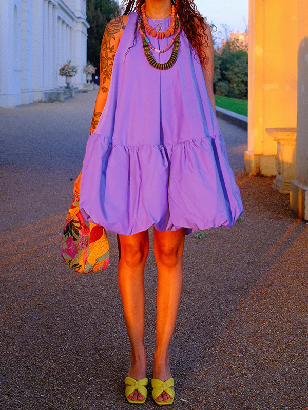 High Waisted Loose Pleated Solid Color Round-Neck Mini Dresses - Image 7