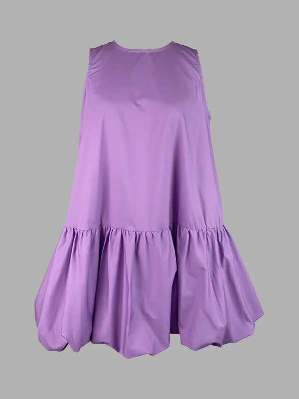 High Waisted Loose Pleated Solid Color Round-Neck Mini Dresses - Image 9
