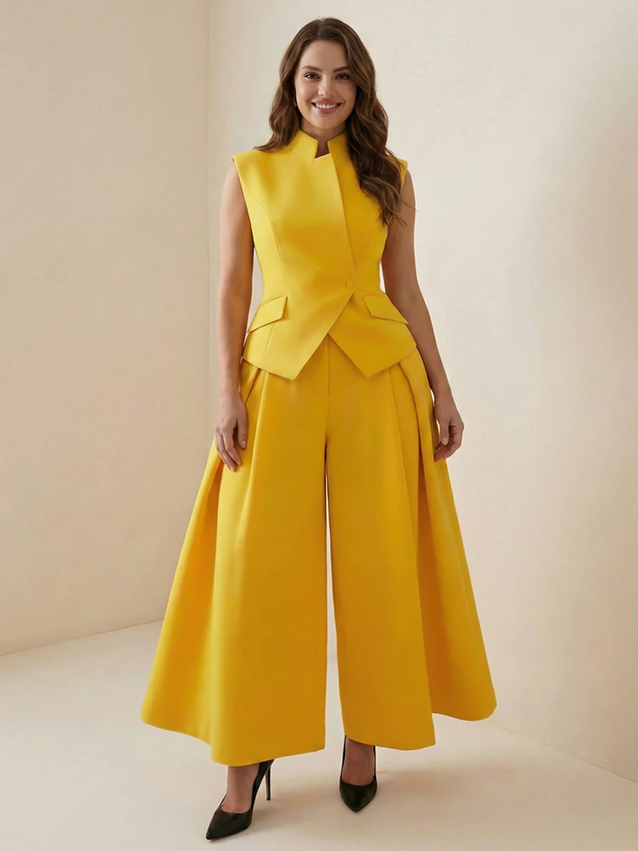 High Waisted Loose Pleated Solid Color Split-Joint Pants - Image 15