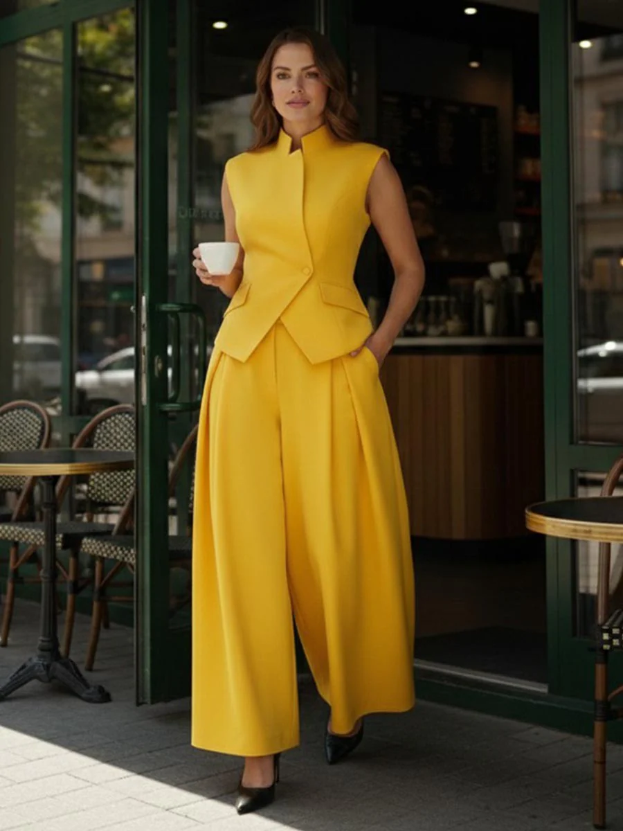 High Waisted Loose Pleated Solid Color Split-Joint Pants - Image 2