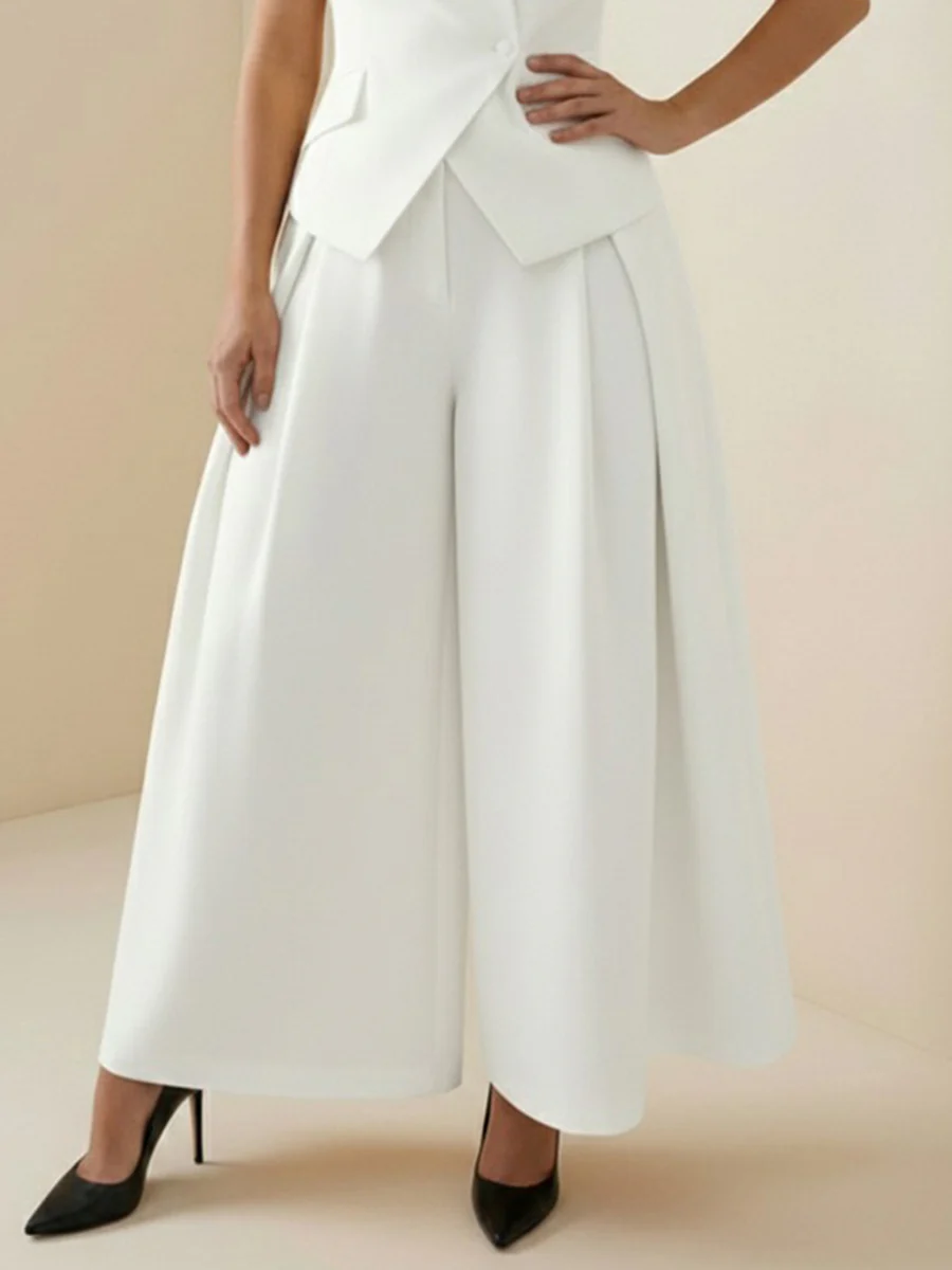 High Waisted Loose Pleated Solid Color Split-Joint Pants - Image 3