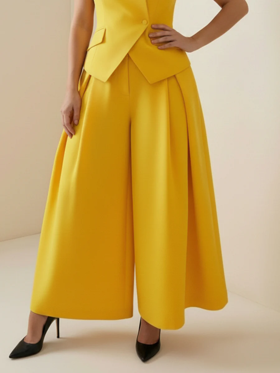 High Waisted Loose Pleated Solid Color Split-Joint Pants - Image 5