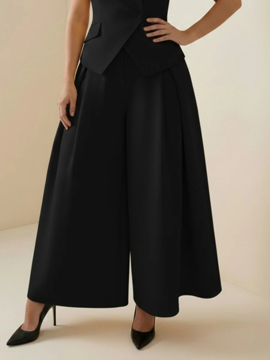 High Waisted Loose Pleated Solid Color Split-Joint Pants - Image 9