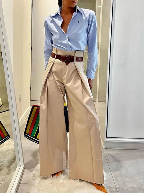 High Waisted Loose Pleated Solid Color Split-Joint Pants Trousers - Image 2