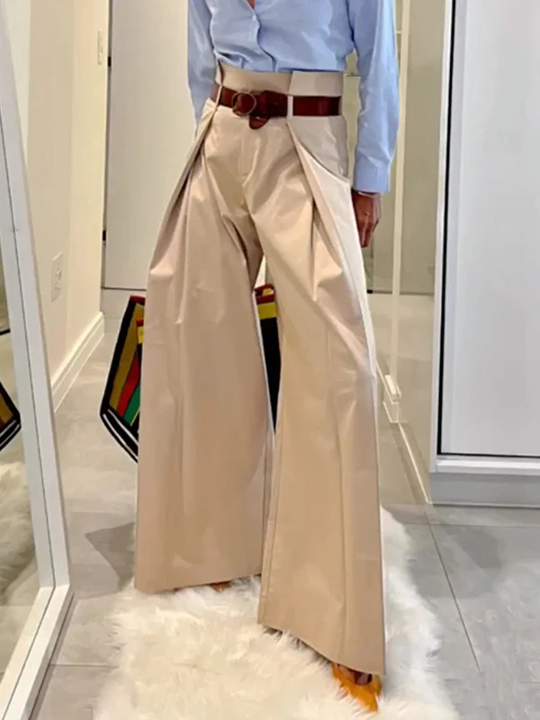 High Waisted Loose Pleated Solid Color Split-Joint Pants Trousers - Image 3