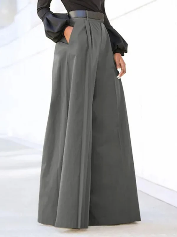 High Waisted Loose Pleated Solid Color Split-Joint Pants Trousers - Image 2