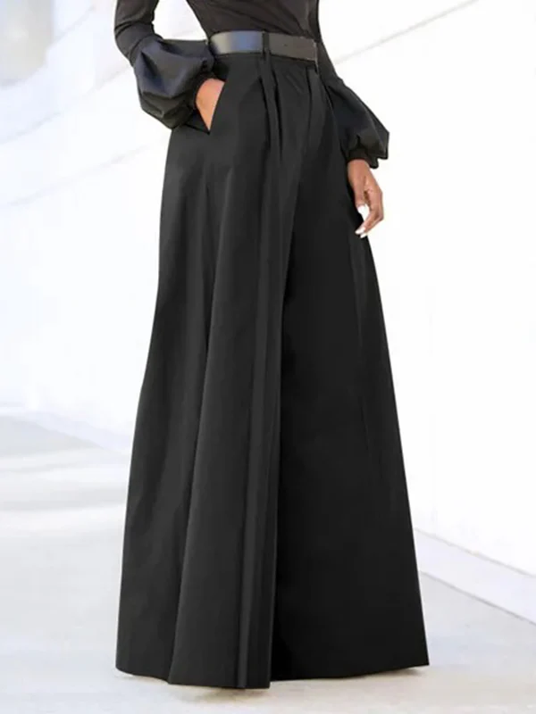 High Waisted Loose Pleated Solid Color Split-Joint Pants Trousers - Image 4