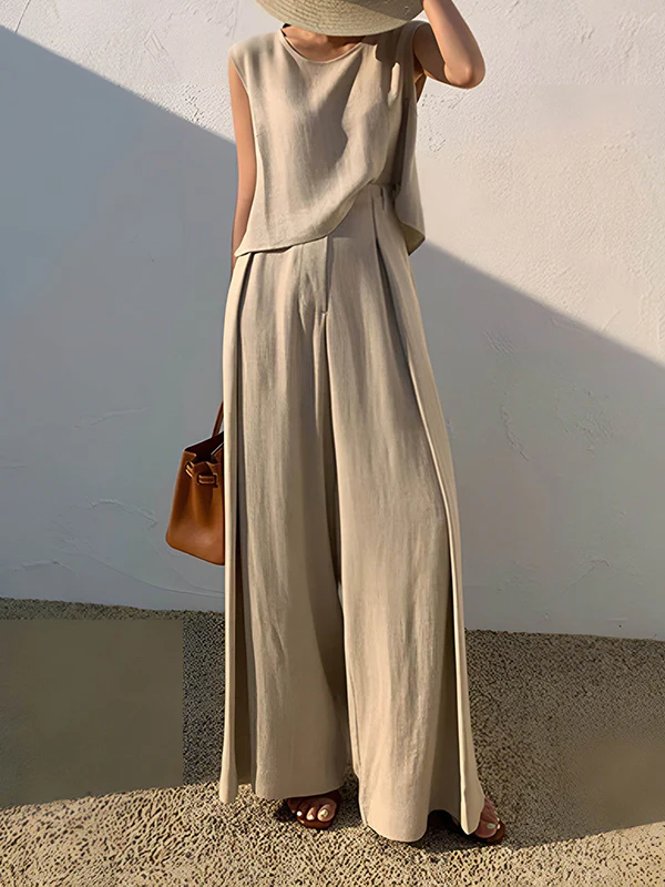 High Waisted Loose Pleated Solid Color Split-Joint Pants Trousers - Image 3