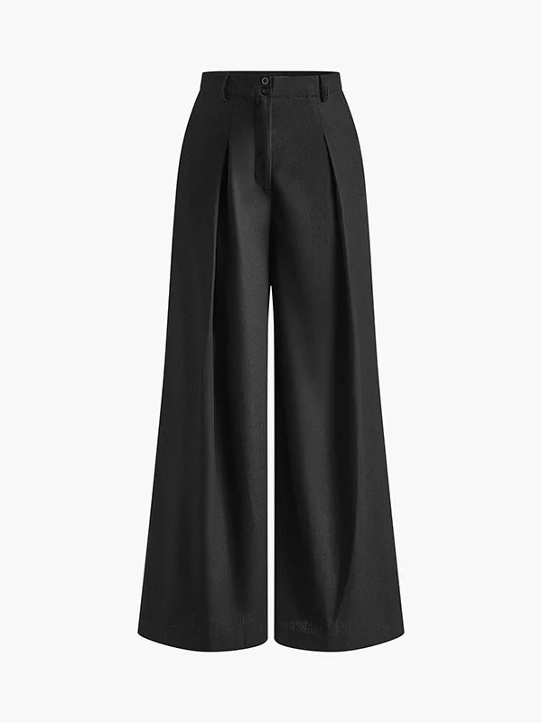 High Waisted Loose Pleated Solid Color Split-Joint Pants Trousers - Image 6