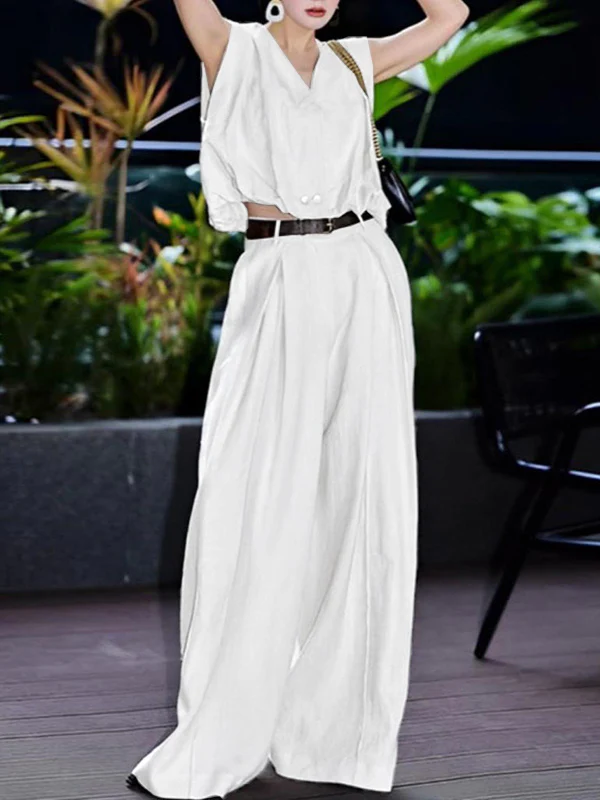 High Waisted Loose Pleated Solid Color Split-Joint Suit Pants - Image 2