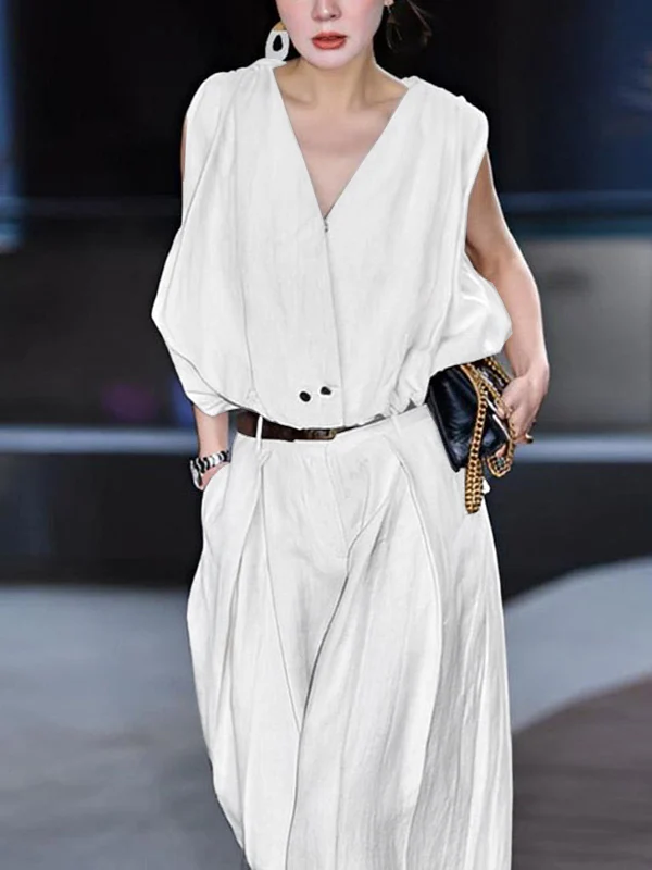 High Waisted Loose Pleated Solid Color Split-Joint Suit Pants - Image 4