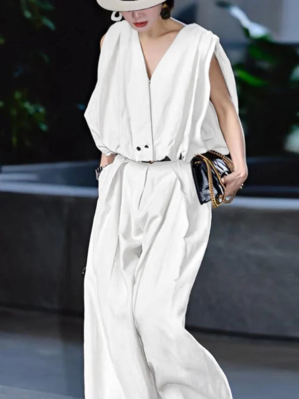 High Waisted Loose Pleated Solid Color Split-Joint Suit Pants - Image 5